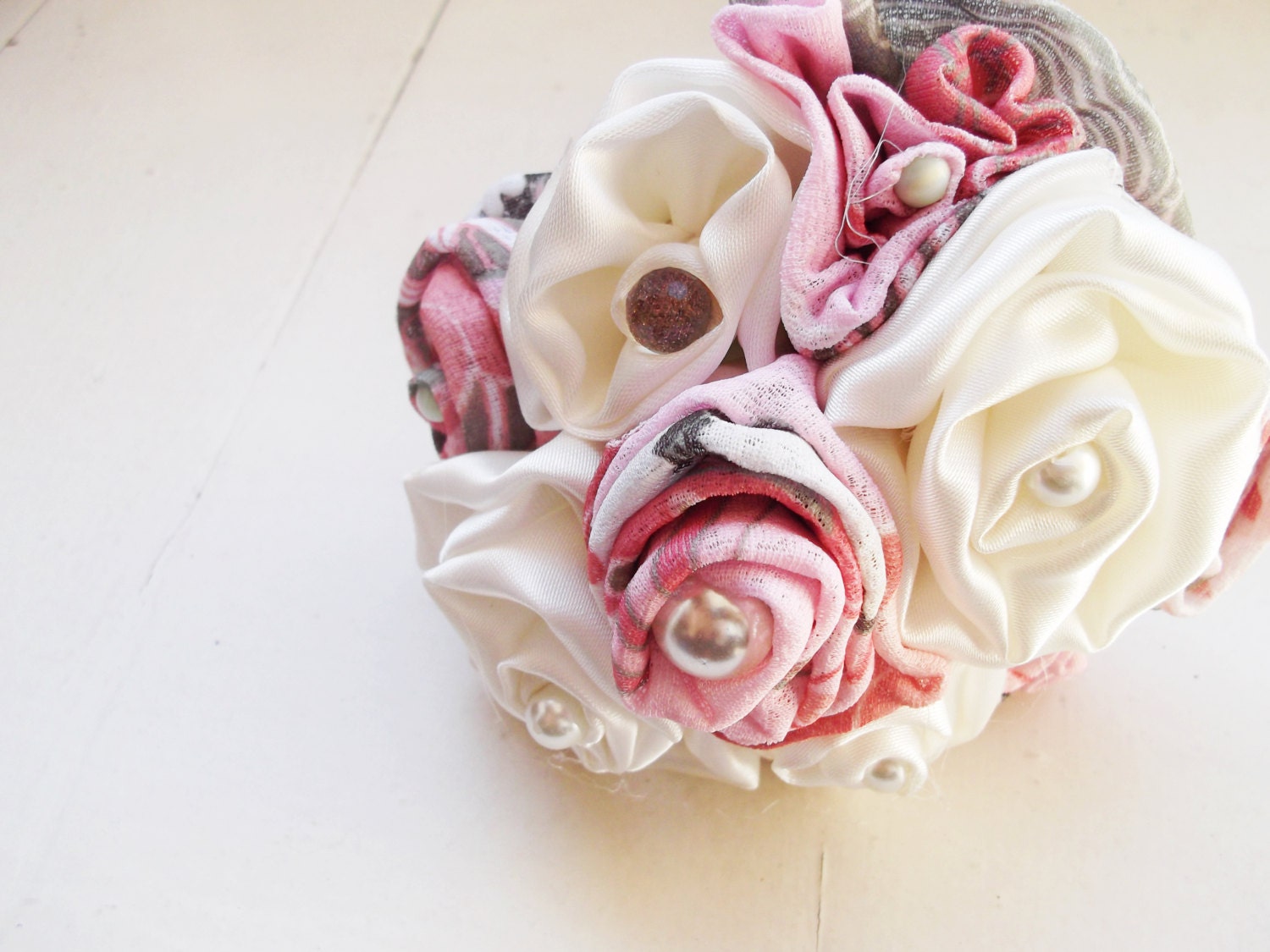 Wonderland Wedding - Fabric Wrap Roses and Birch Stems -Spring Bride - Pink - Purple - Cream White Lace Ribbon