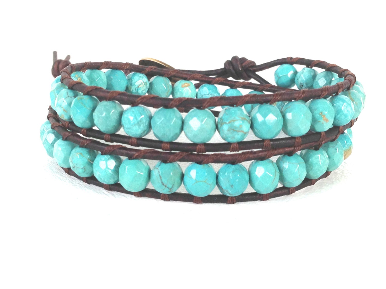 Turquoise Double Wrap Bracelet on Dark Rustic Brown Leather