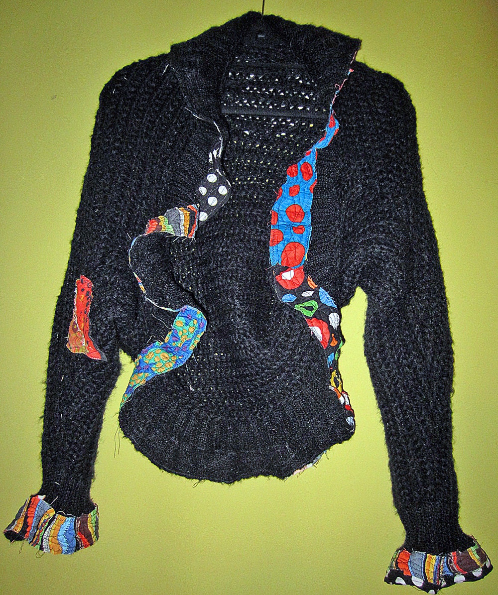 Recycled Crochet Black and Bright shrug sweater fits sm med lg