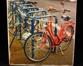 Bicycle Photo Block Wood Art Panel 5x5 - Bikes of Portland Red City Bike Rack - Wall, Shelf, Desk Decoration