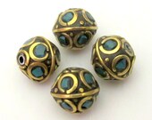 4 beads set - Oval  Tibetan brass beads with turquoise inlay - BD059