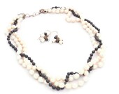 Wedding Jewelry Set Triple Strand Pearl Necklace and Earrings Black and White Pearls