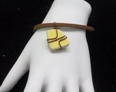 Beach Ceramic Bracelet With Leather Cord Handmade Wire Wrapped