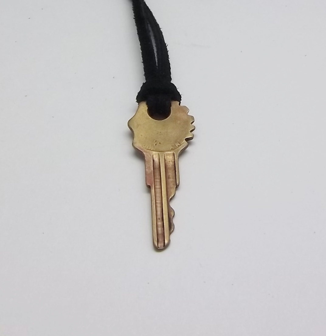 Steampunk Necklace With Vintage Brass Key Suede Leather Handmade