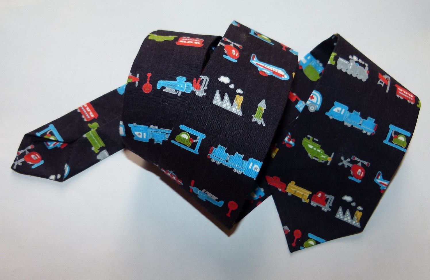 Ready to Ship boys necktie blue car bus truck small printed cotton neck tie