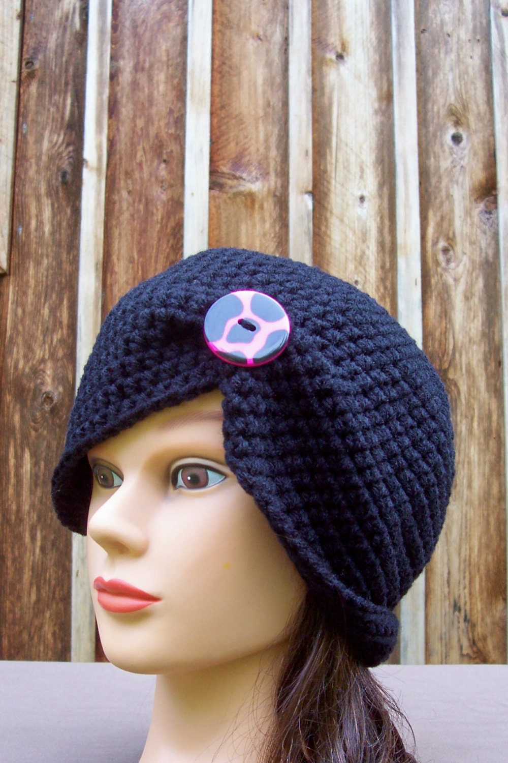 womens crochet hat girls hat ladies hat black with a black and pink funky button youth adult 6617