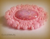 Pink resin brooch - oval cabochon pin - vintage faceted faux pink opal - floral and clover motifs with silver brooch pin.