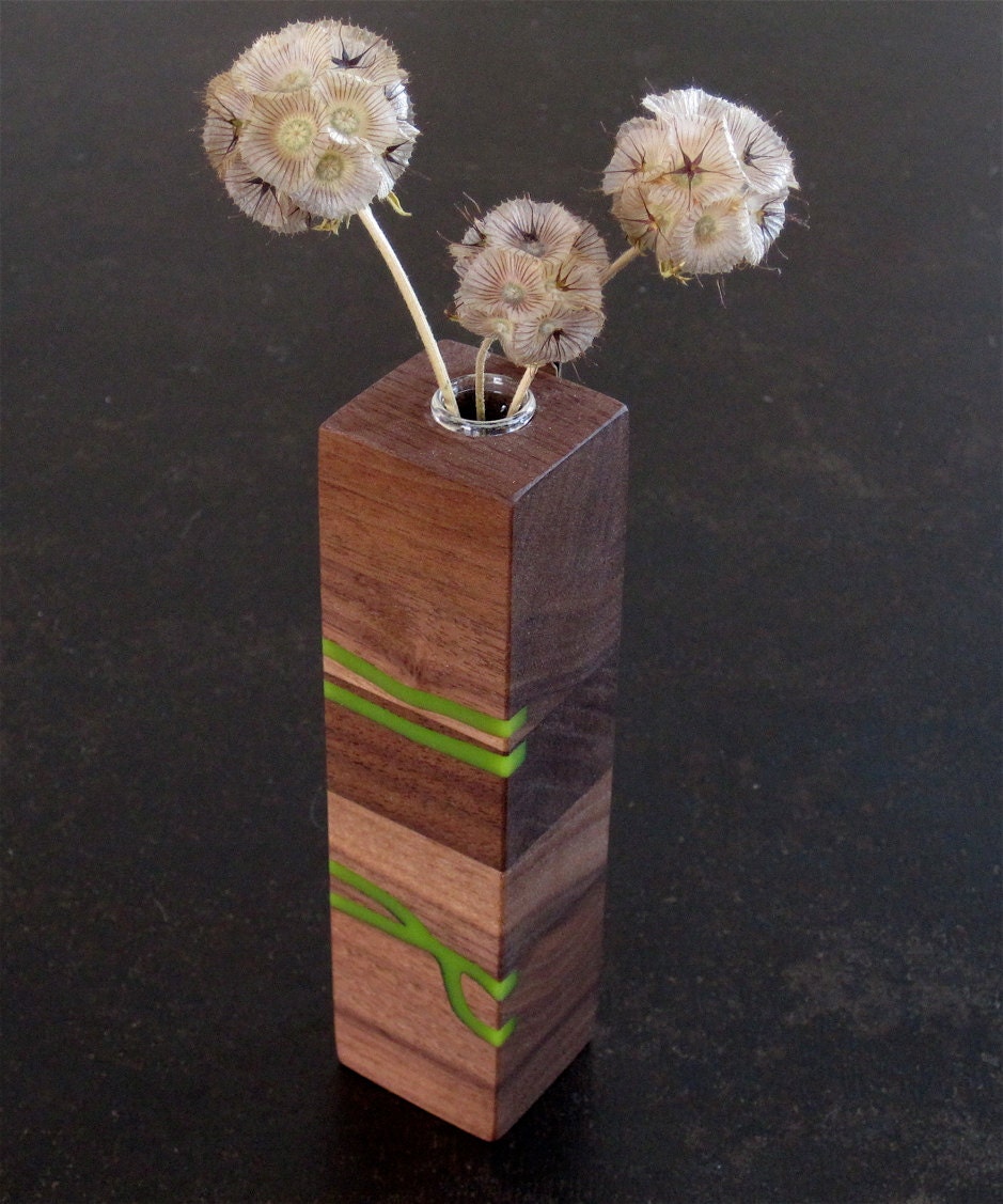 Petite Wall Vase in Walnut with Grass Green Resin Inlay
