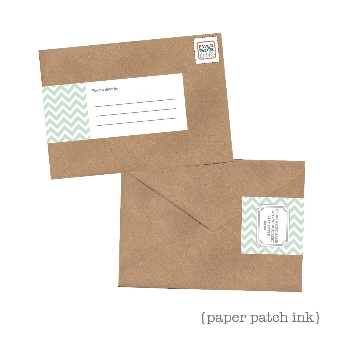 Mint Green Chevron Wrap Around Address Label PDF Sheet  -  Printable - DIY