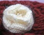 Handmade knit Rose Brooch embellished with 6 water pearls wool blend in ivory