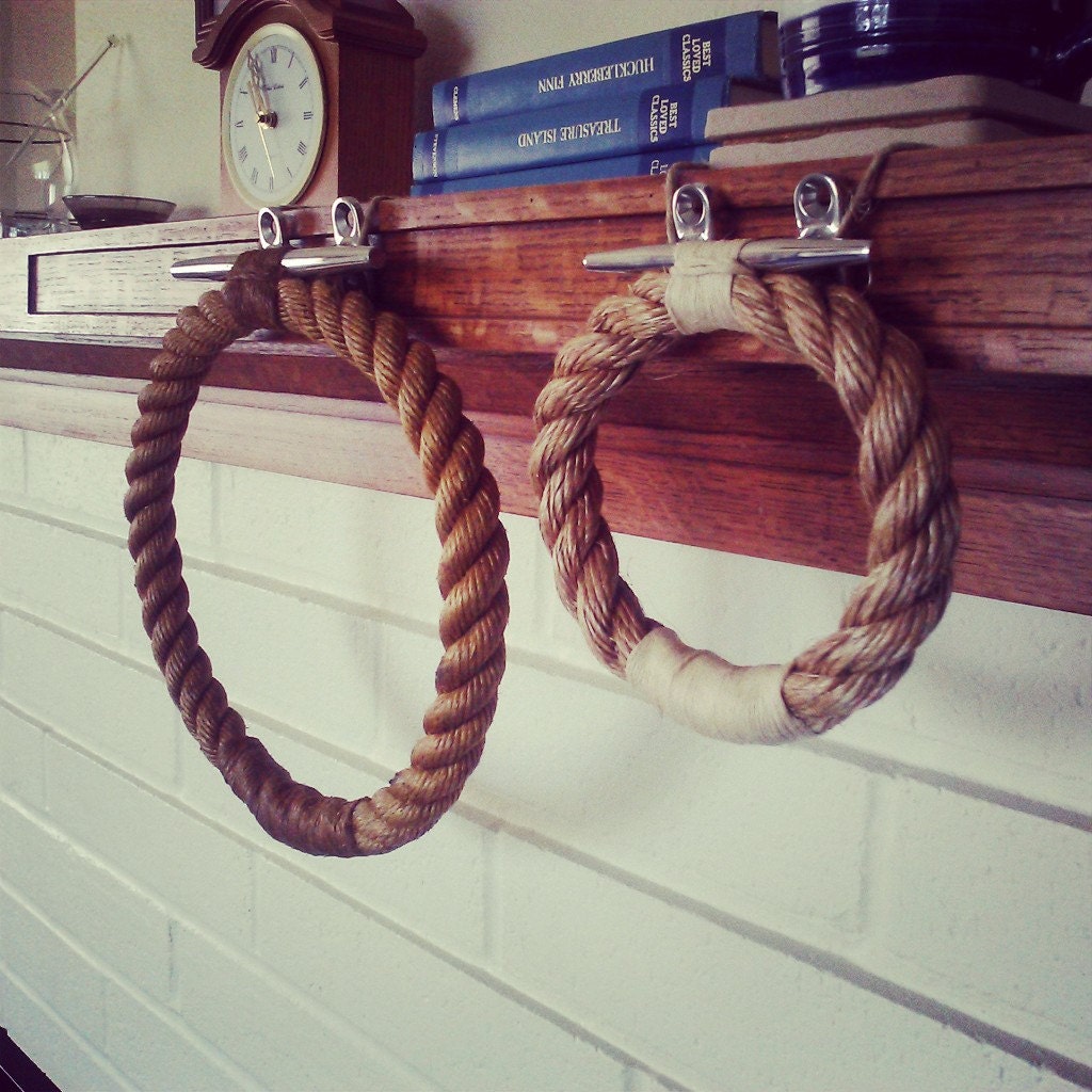Set of Two Nautical Vibe Rope Towel Holders on Stainless Steel Dock Cleats: Small and Large
