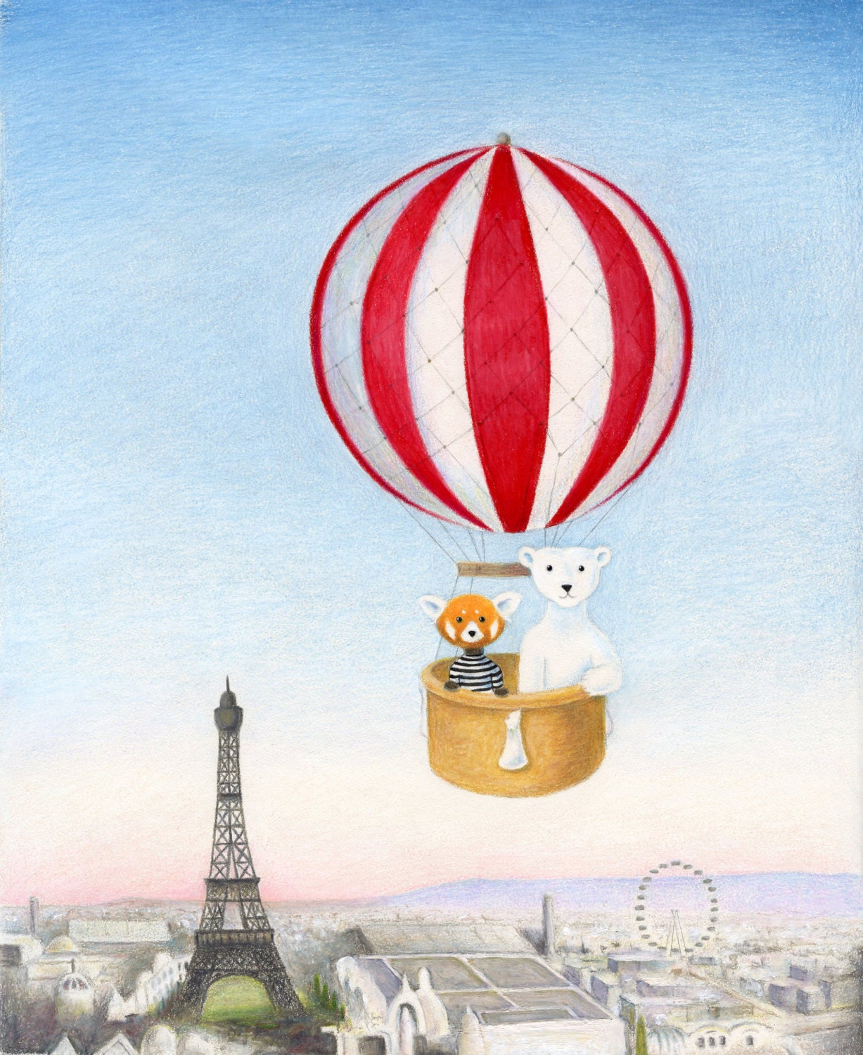 Walter and Jack's Hot Air Balloon Ride over Paris 8 x 10 inch Print by SBMathieu