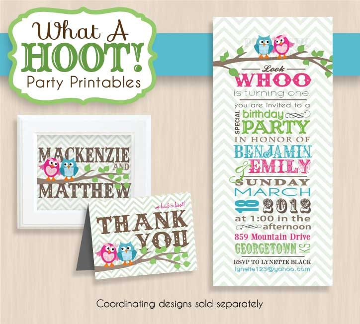 TWIN OWL Birthday Party Printable Invitation in Teal and Pink
