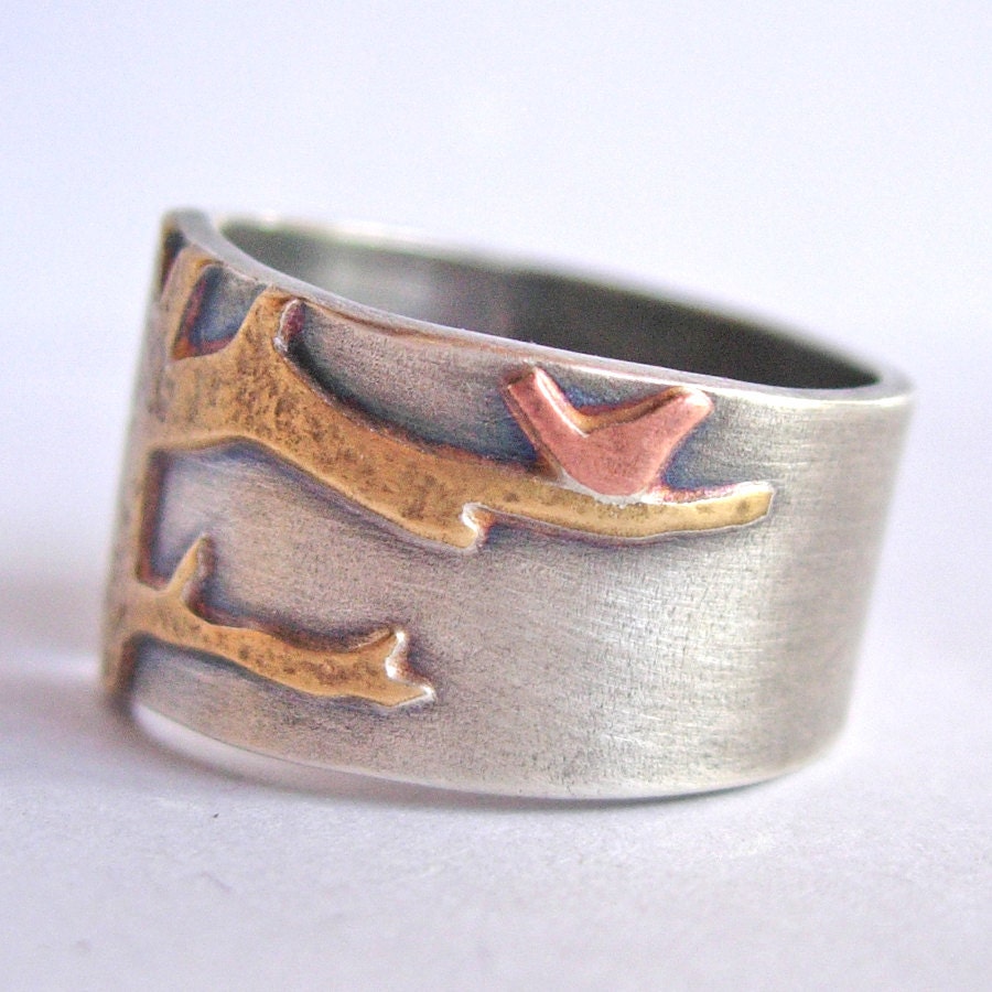Out On A Limb Silver Tree Ring With Bird Adjustable Size 7 Mixed Metals
