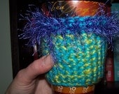 Crochet Coffee Cup Cozy in Aqua Yellow Purple, OOAK Coffee Cup Sleeve, Teacher's Gift or Stocking Stuffer for the Coffee Lover
