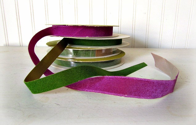 Vintage Flocked Green and Violet Weather Resistant Ribbon made by Regal... 4 Rolls