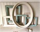 On Sale... Set of 6 Shabby Chalk Painted Frames for the Gallery Wall  / 3 Aqua Frames / 3 Distressed White Frames / Cottage Frames