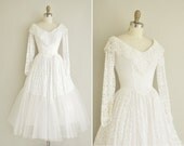 vintage 1950s wedding dress / 50s white lace sequin tulle dress / 1950s designer princess wedding dress