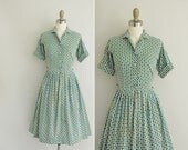 vintage 1950s dress / 50s green and teal print dress / 1950s full skirt shirt dress