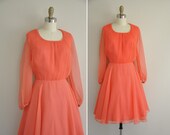 vintage 1960s dress / 60s fuchsia peach pink chiffon dress / 1950s pleated chiffon designer dress