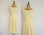 vintage 50s dress / vintage 1950s yellow water color print dress / 50s cotton dress
