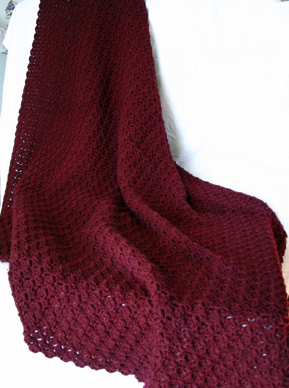 Crochet afghan burgundy throw textured dark red coverlet washable bedding home decor solid color couch blanket