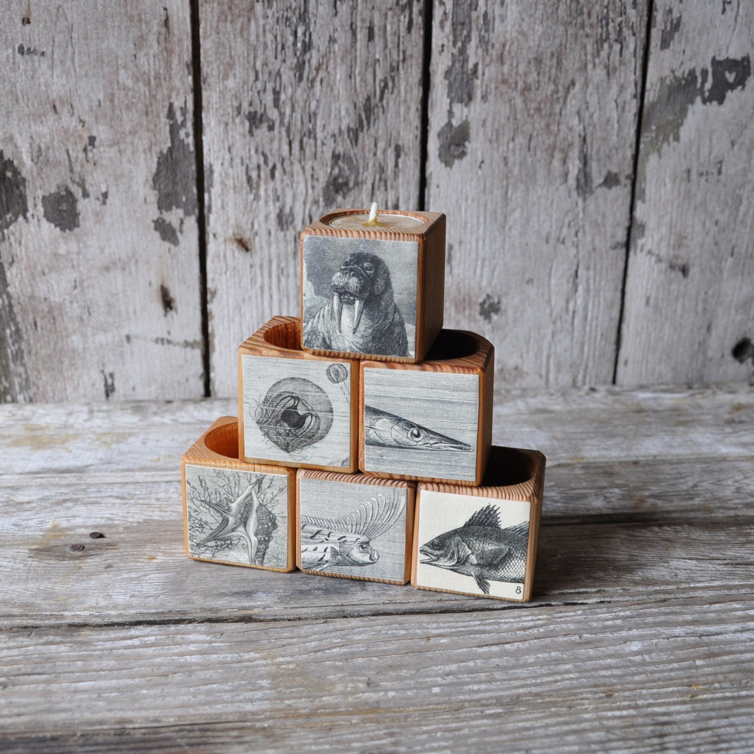 1 Reclaimed Wood Cobblestone Candle Block with Sea Decoupage No. 2
