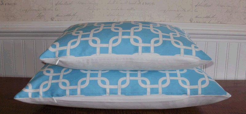 Sale Decorative Pillow Cover: Designer 12 X 24 Accent Throw Pillow Cover in Turquoise and White Lattice Design
