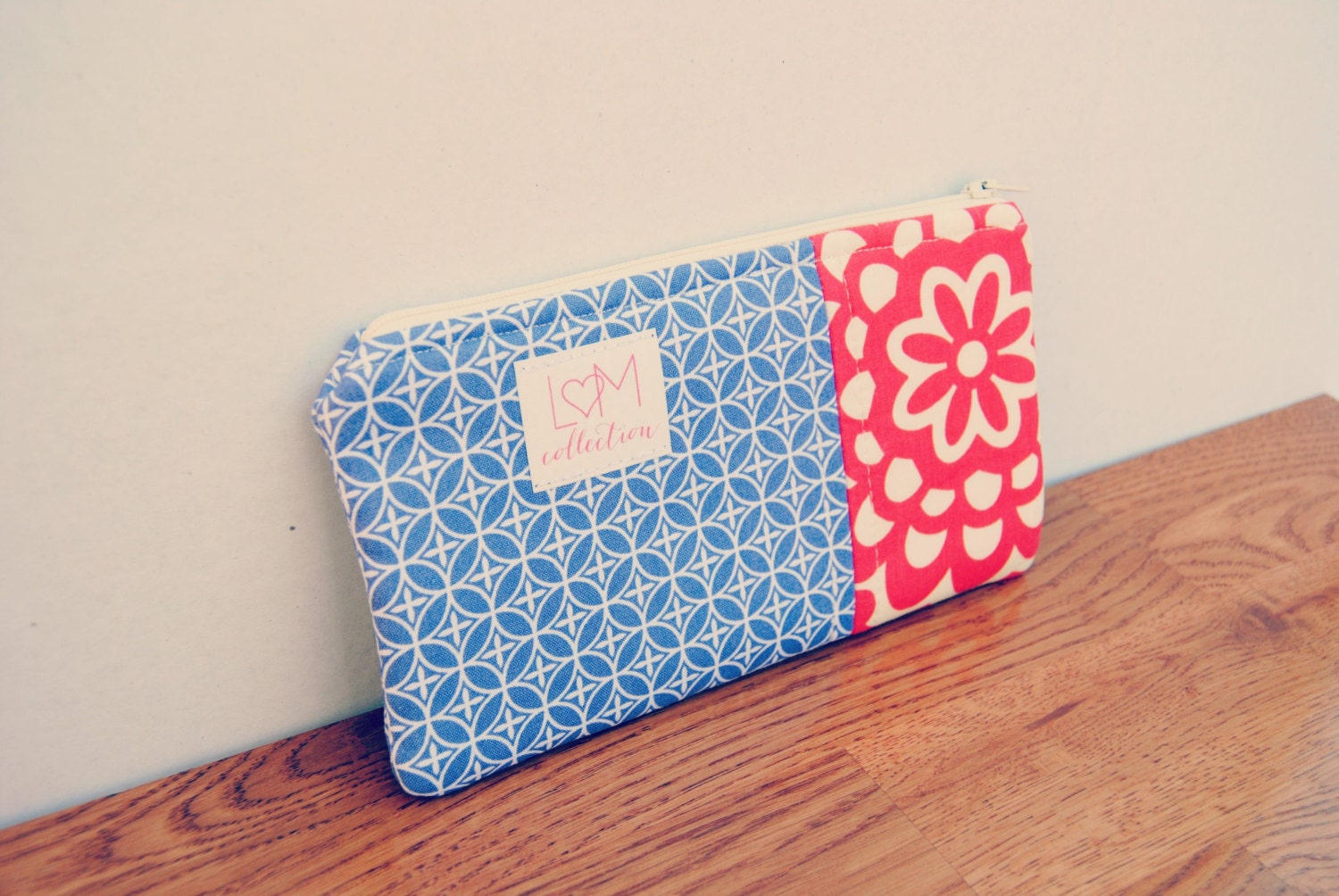 Medium Zippy Pouch - READY TO SHIP - Cherry Lotus and Periwinkle