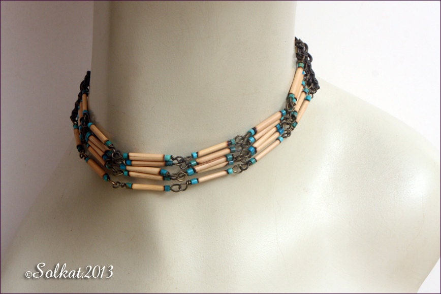 Bohemian Jewelry Boho Necklace Beaded Choker Turquoise Brown Wood Brass Dragonfly 14INCH Handmade