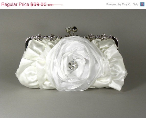ON SALE Ivory Ruffle Bridal Clutch, Wedding Clutch, Vintage Style Bridal Clutch with White Flower and Crystal Accent