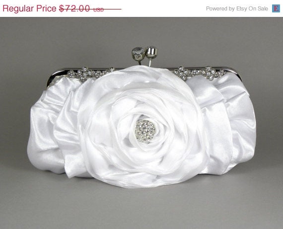 ON SALE White Ruffle Bridal Clutch, White Satin Wedding Clutch, Vintage Style Bridal Clutch with Crystal Accent