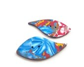 Two large leaf shape buttons unique colorful polymer clay