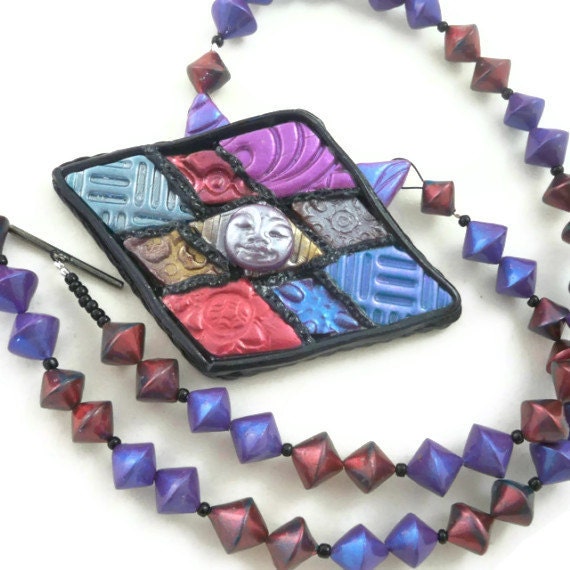 Metallic mosaic pendant necklace diamond shapes polymer clay with bicone beads