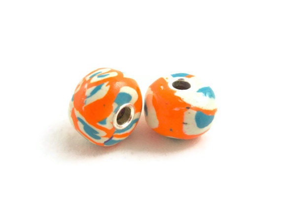 Large orange and blue colorful grommeted beads pair polymer clay