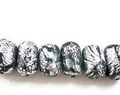 Silver and black crackle barrel beads polymer clay silver leaf set of six