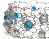Blue Agate Cuff Bracelet Summer Sea Blue Aqua Grey Silver Lace Modern Cuff Stone Pearl Crystal Exclusive Hand Knit Wire Beaded Jewelry