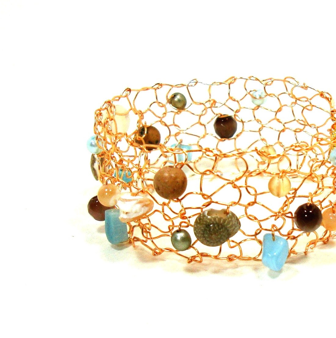 Beach Destination Wedding Bridal Jewelry Gold Wire Knit Bracelet Sea Shells Pearls Mother of Pearl Sea Glass Delicate Cuff