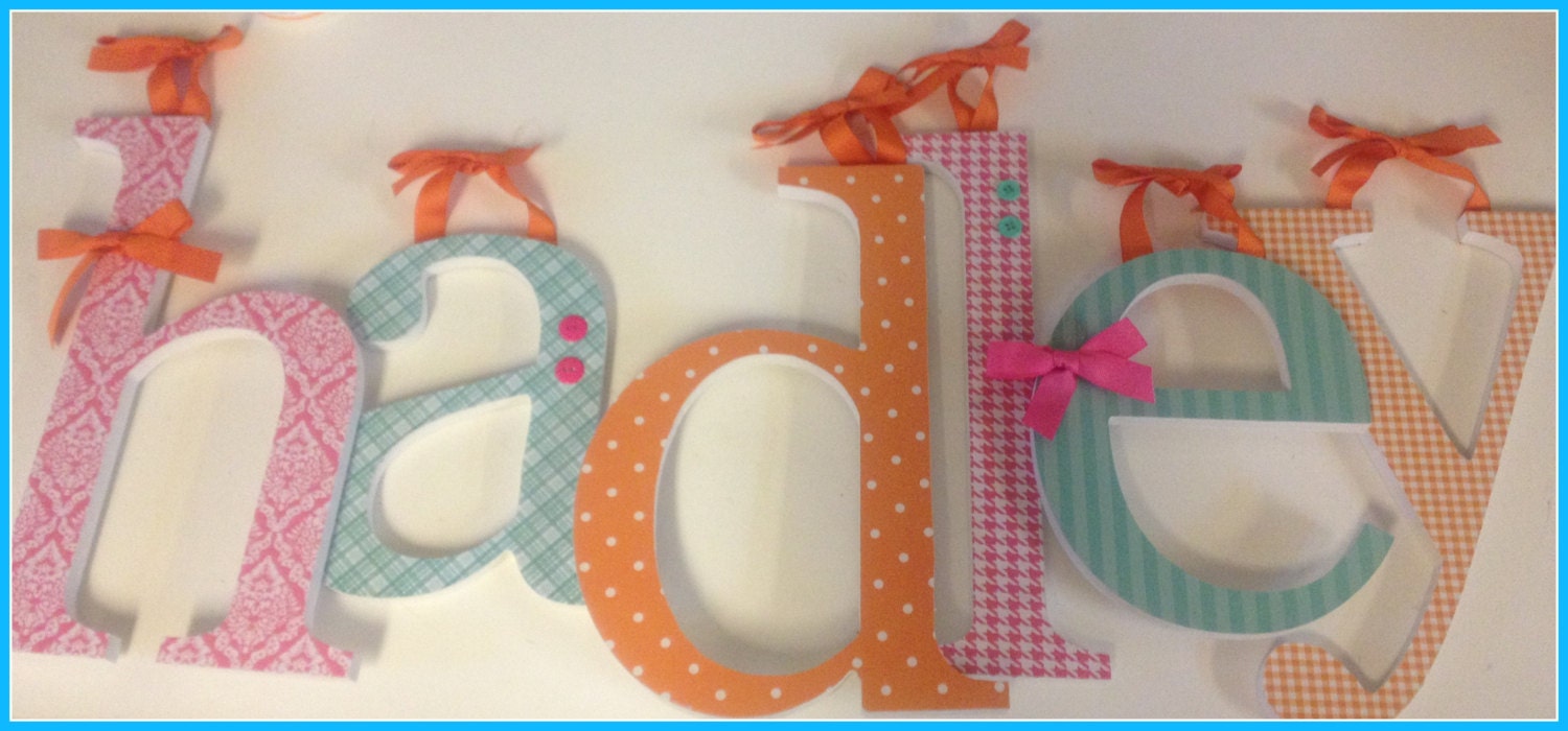 Baby Girl Wooden Letters - HADLEYs THEME - Aqua Pink and Orange