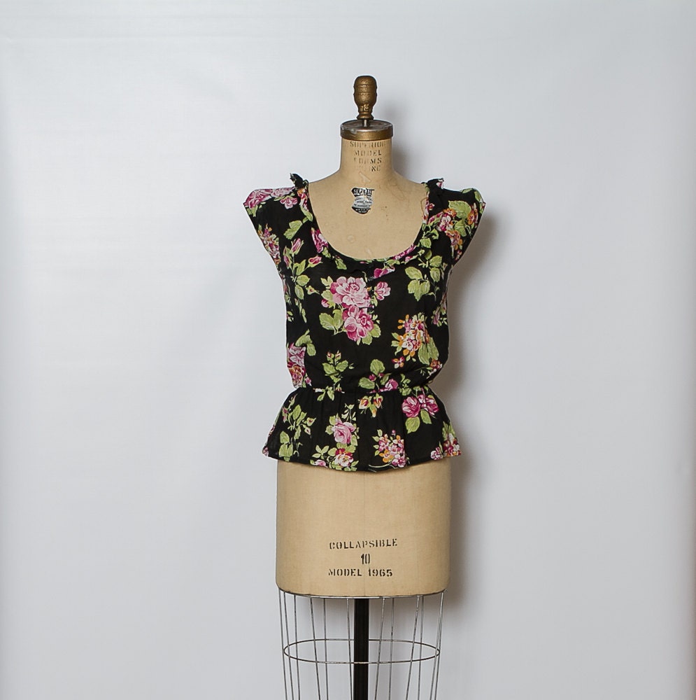 vintage black floral peplum blouse