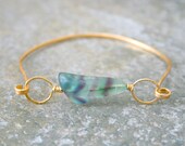 Large Crystal Fluorite Like Sea Glass Stone Bangle Bracelet Gold Brass