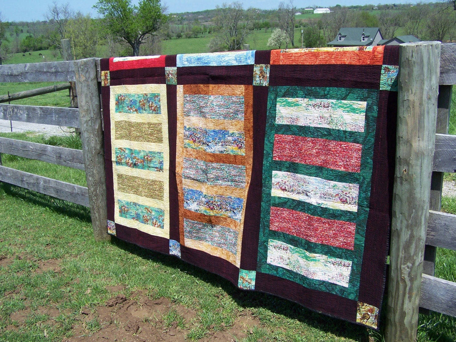 Modern contemporary handmade Kentucky horse racing quilt..REDUCED