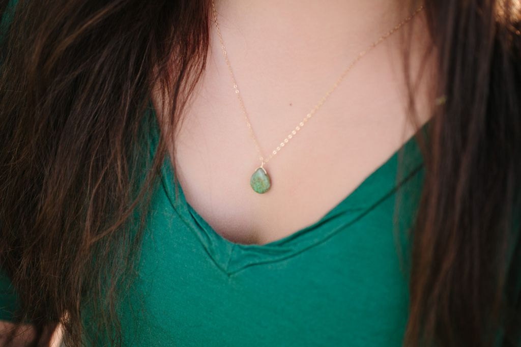 Green Turquoise Necklace - swirled glass emerald teardrop pendant on gold filled - simple everyday jewelry - adenandclaire