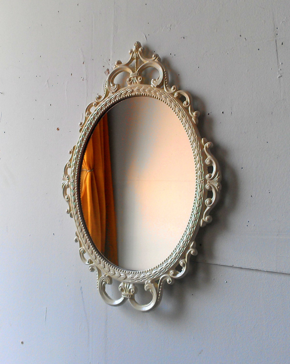 Ornate Oval Mirror in Vintage Metal Frame - 17 x 12 inch Handpainted Brass in Vintage White