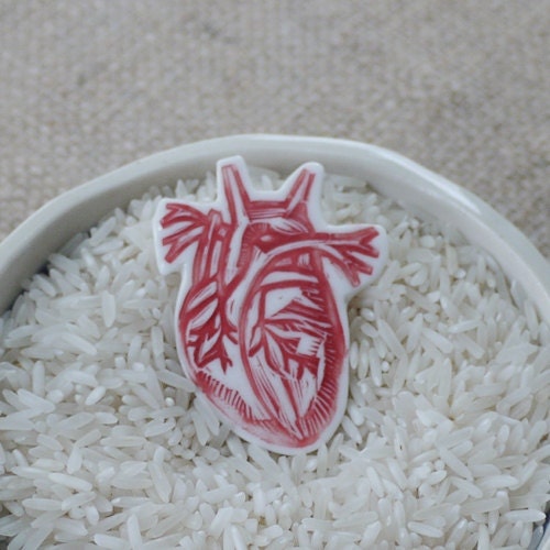 Valentines Anatomical Heart Porcelain Brooch, Mrs Peterson Pottery, Free Worldwide Shipping