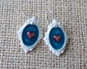 Romantic Porcelain Heart Earrings in Peacock Blue, Mrs Peterson Pottery, Free shipping worldwide