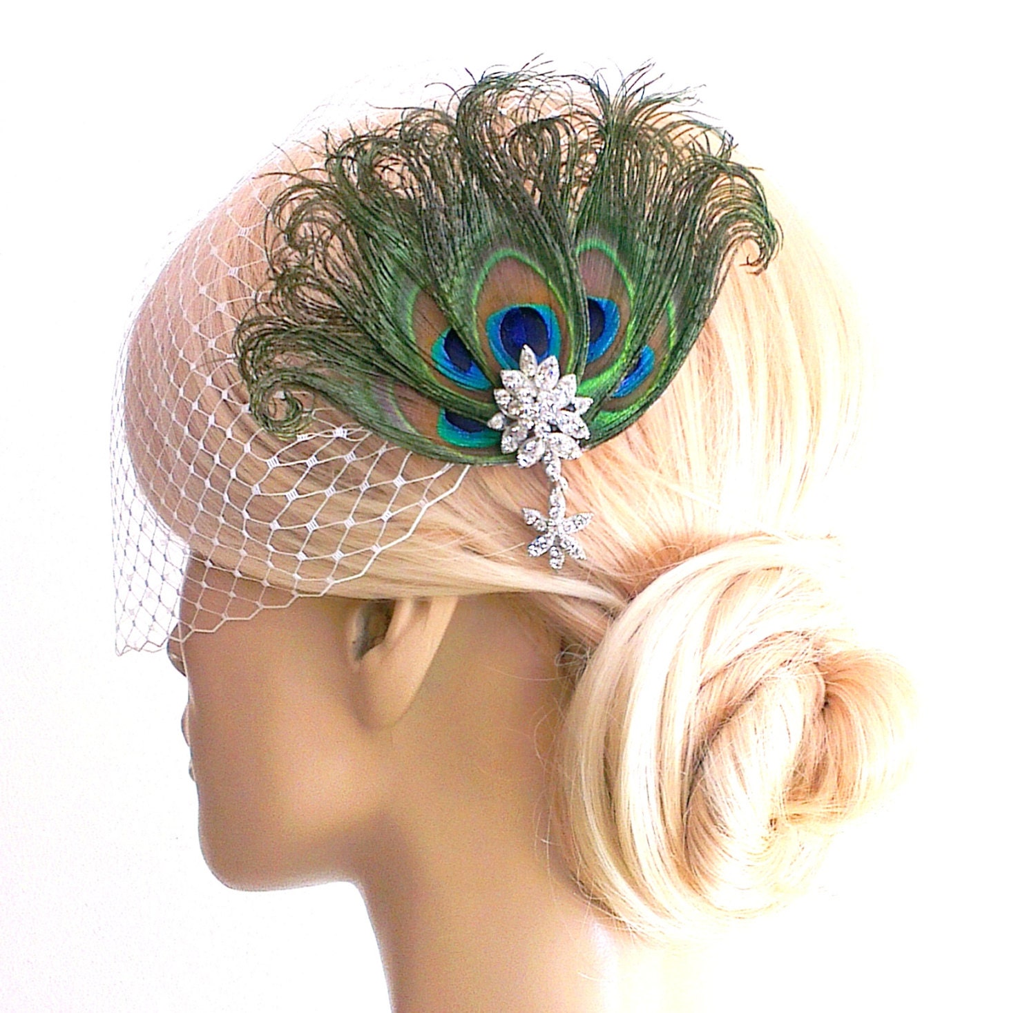 Birdcage Veil ,peacock Feathers Fascinator,(2 ITEMS), bridal Feathers Fascinator, Hair Accessories,bridal head piece