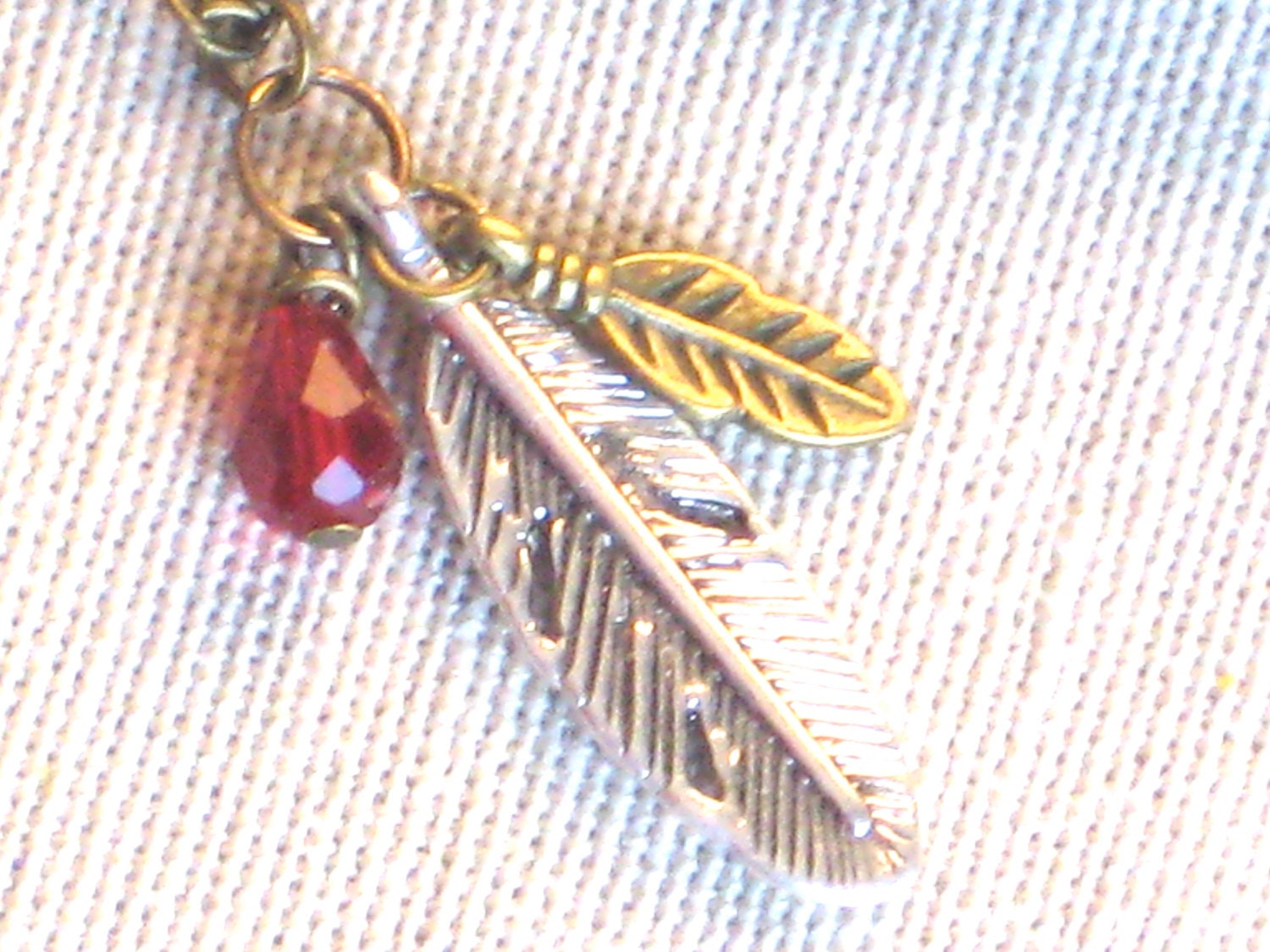 Double Feather Necklace in Silver and Antique Brass with Red Glass Drop, Tribal, Natural, Bohemian, Simple Pendant Charm