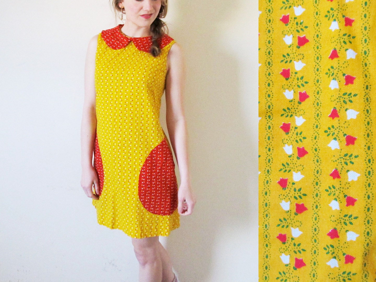vintage 1960s mini dress // peter pan collar // calico print // patchwork // handmade // size extra small xs // small s