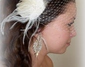 Ivory Feather Bridal Fascinator with French Net Bandeau Bridal Veil 2 piece set - ship ready